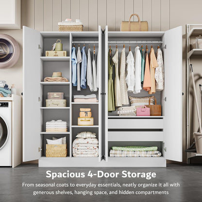 4 Doors Armoire Wardrobe Closet with 2 Drawers, 63" Large Wardrobe Cabinet with Removable Hanging Rods and Adjustable Shelves, Closet Storage Cabinet for Bedroom, Cloak Room, White