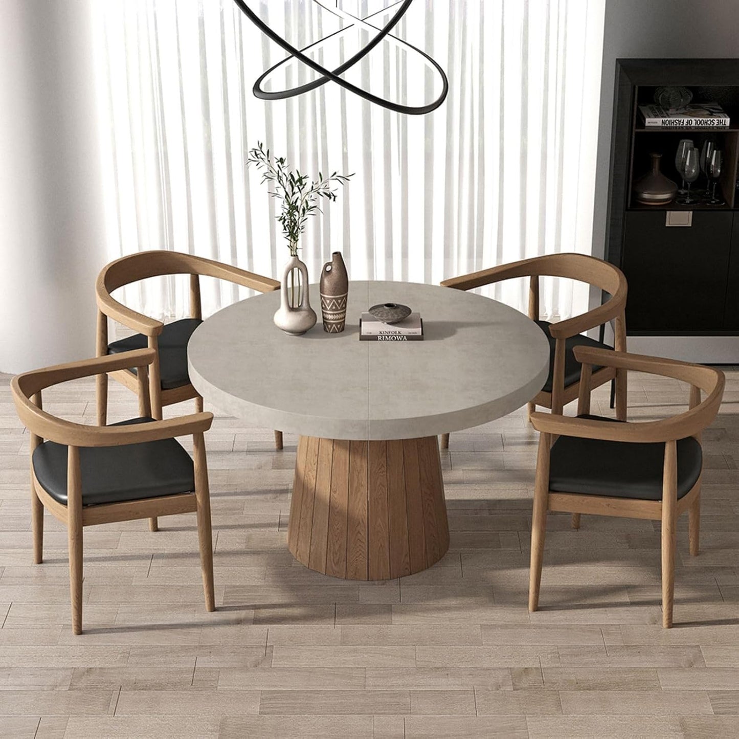 round Extendable Dining Table with Pedestal Base, 39"-55" Expandable Dining Room Table Oval Kitchen Dinette Table for 4-6 (Gray & Walnut)