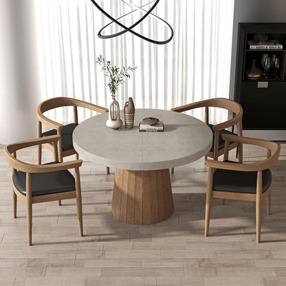 round Extendable Dining Table with Pedestal Base, 39"-55" Expandable Dining Room Table Oval Kitchen Dinette Table for 4-6 (Gray & Walnut)