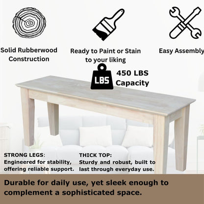 International Concepts Shaker Style Bench, 47-Inch Wide, Solid Parawood, Unfinished