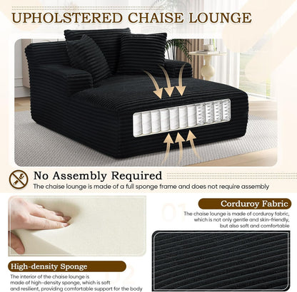 Oversized Chaise Lounge Chair Indoor,50" W Upholstered Corduroy Sofa with 3 Pillows,Comfy Fluffy Cloud Couch,Modern Deep Seat Sofa,Single Sleeper Sofa Chair for Livingroom,Bedroom,No Assembly(Black)