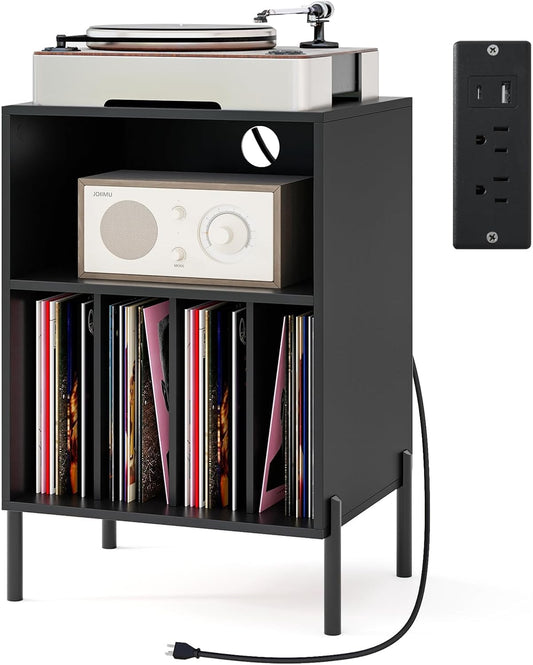 Record Player Stand, Turntable Side Table Nightstand W/Charging Station & Vinyl Record Storage Cabinet Holds up to 150 Albums, Record Player Holder for Living Room (Black, 31" H)