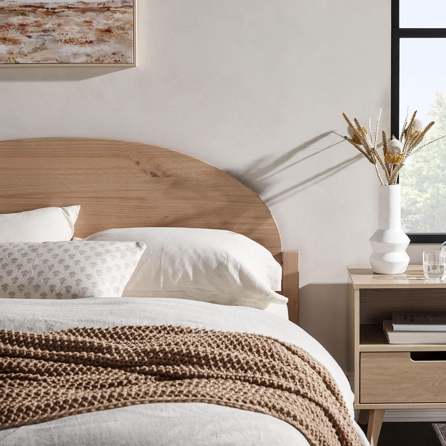 Queen Boho Arched Headboard Solid Wood Bed, Queen Size, Cerused White