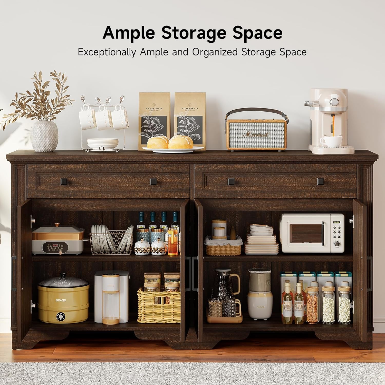 63" Sideboard Buffet Cabinet, Kitchen Buffet Storage Cabinet, Large Credenza with Drawers & Doors, Wood Coffee Bar Console Wine Bar for Living Room Hallway Brown