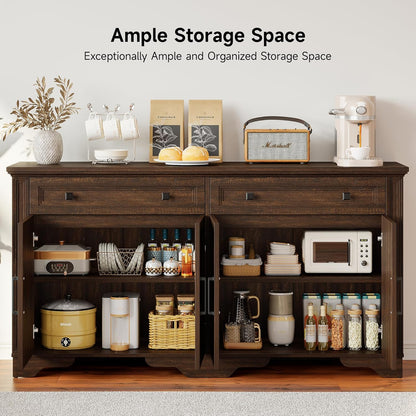 63" Sideboard Buffet Cabinet, Kitchen Buffet Storage Cabinet, Large Credenza with Drawers & Doors, Wood Coffee Bar Console Wine Bar for Living Room Hallway Brown
