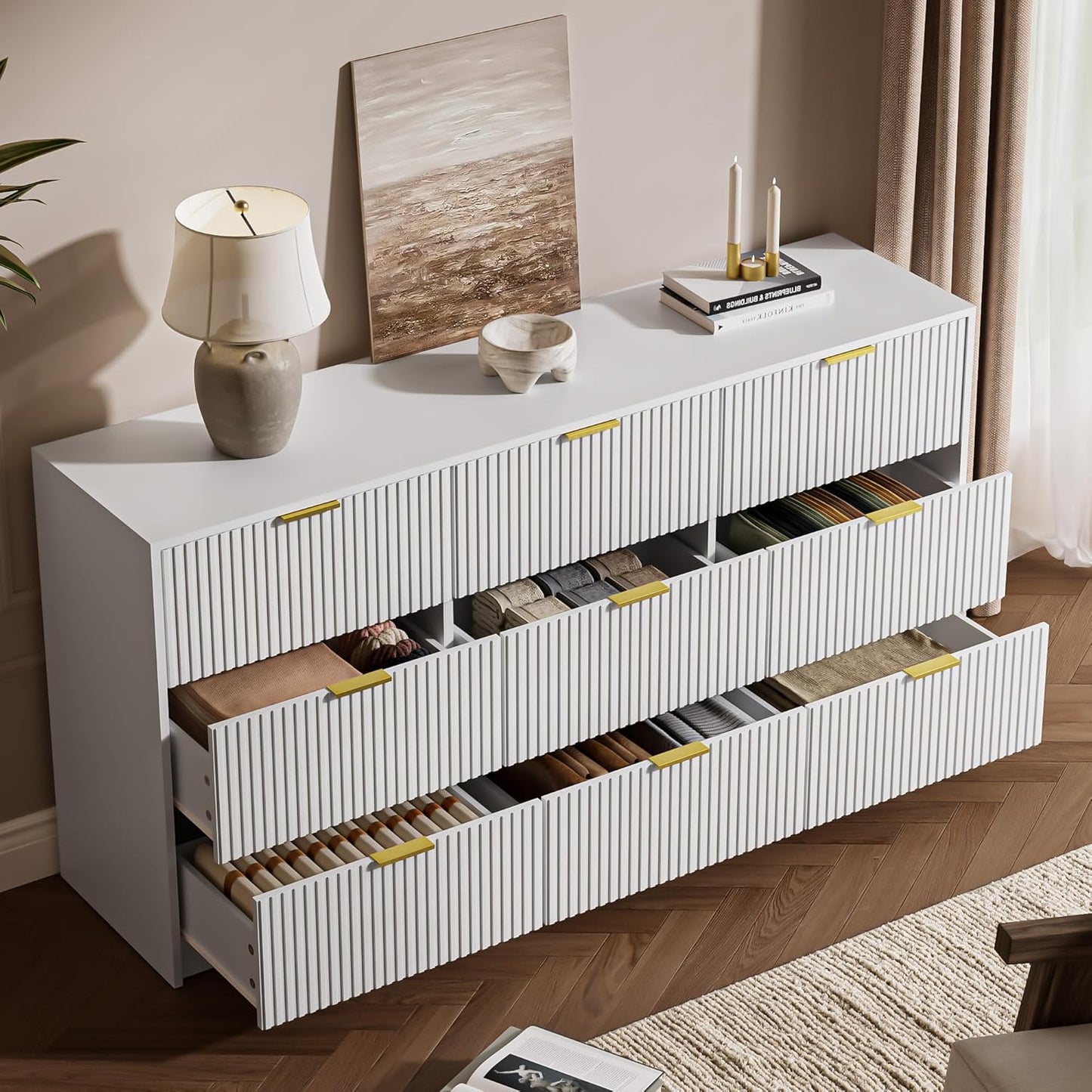 3-Piece Dresser Bedroom Set, 9 Drawer Dresser & 2 Drawer Nightstands with Gold Handles, Fluted Wood Chest of Drawers for Bedroom, Living Room, Entryway, White