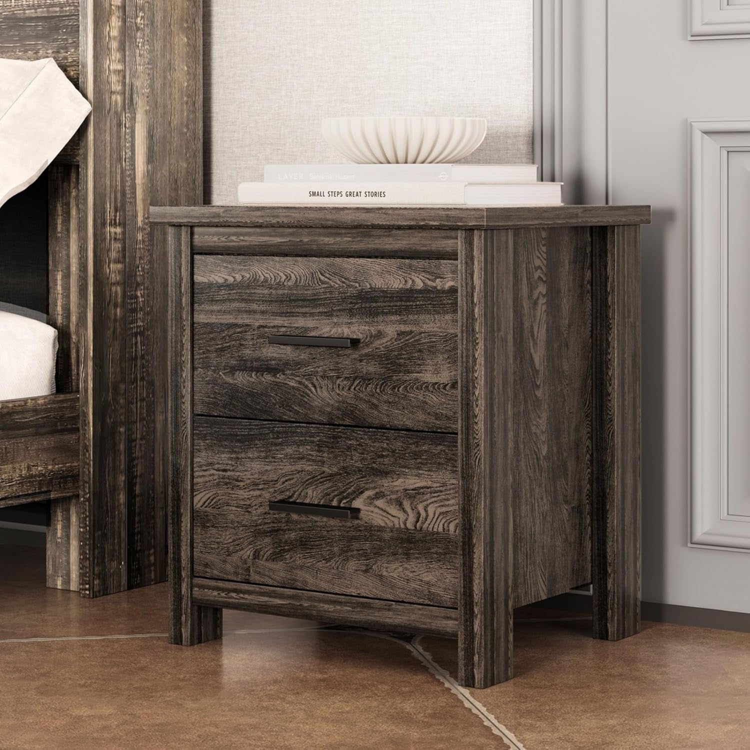 4-Pcs Queen Size Bed Frame Dresser Night Stand Bedroom Set, Platform with USB Charging Ports Storage Headboard & 1 X 5 Drawers Cabinet & 2 X Nightstands, Wooden, Antique Grey