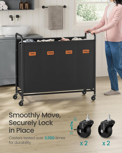 4-Section Laundry Sorter, Laundry Hamper with Wheels, Rolling Clothes Hamper Cart with Large Capacity and Removable Bags, for Laundry Room, Bedroom, Bathroom, Ink Black URLS460B01