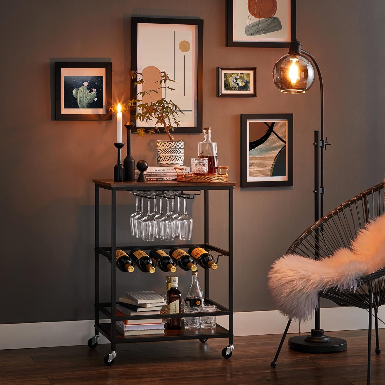 Bar Cart, Serving Cart with Wheels, Glass Stemware Rack and Wine Bottle Holders, 15.7 X 23.6 X 32.3 Inches, Industrial, Rustic Brown and Black ULRC087B01