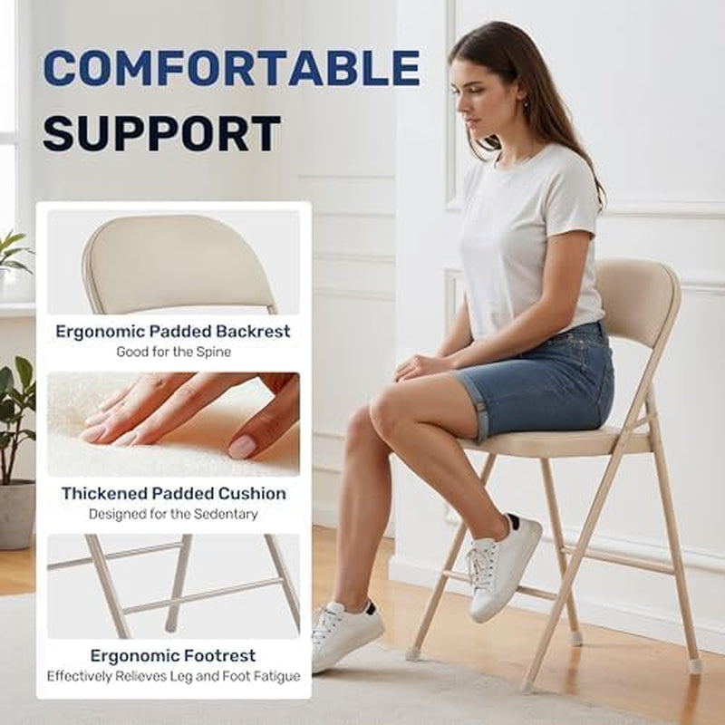 Folding Chairs 4 Pack with Vinyl-Padded Cushion and Back, Sturdy Metal Steel Foldable Chair, Portable Stackable Commercial Guest Seat for Indoor/Outdoor Events, Home, Office Use, Khaki