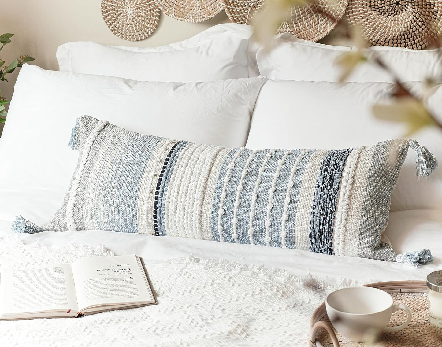 Coastal Blue Decorative Lumbar Pillow Cover 14X36 Boho Long Body Pillow for Bed Farmhouse Lumbar Throw Pillow for Couch Modern Accent Textured Throw Pillowcase