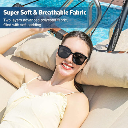 12FT 2 Person Hammock with V Shaped Hardwood Spreader Bar & Nylon Rope for Outside, Patio, Garden, Backyard, Beach, Poolside, 450LB Capacity, 55In X 79In - Beige