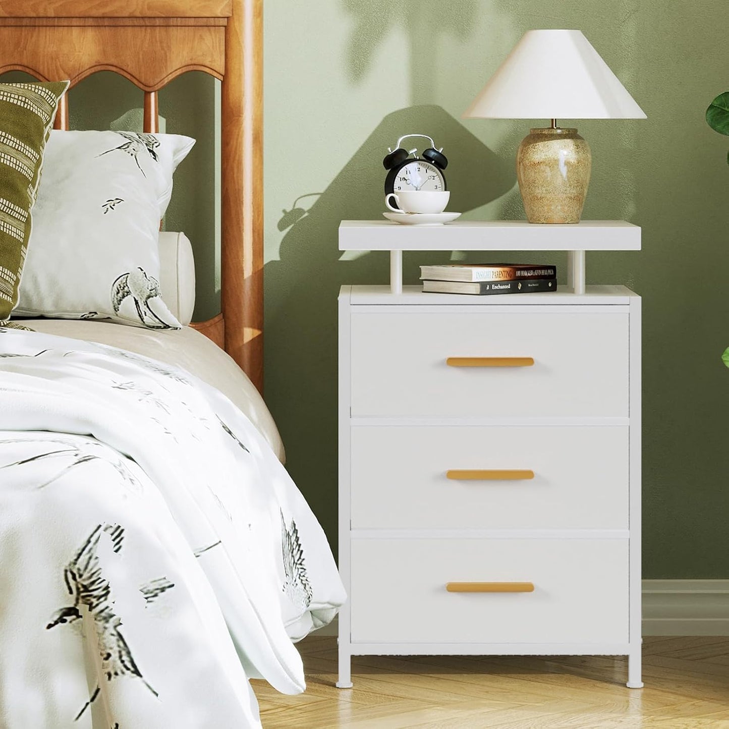 White Night Stand with Drawers, LED Bedside Table with Open Shelf, Nightstand with PU Leather Finish Drawers, Small End Table for Bedroom, Living Room, 23.8''H