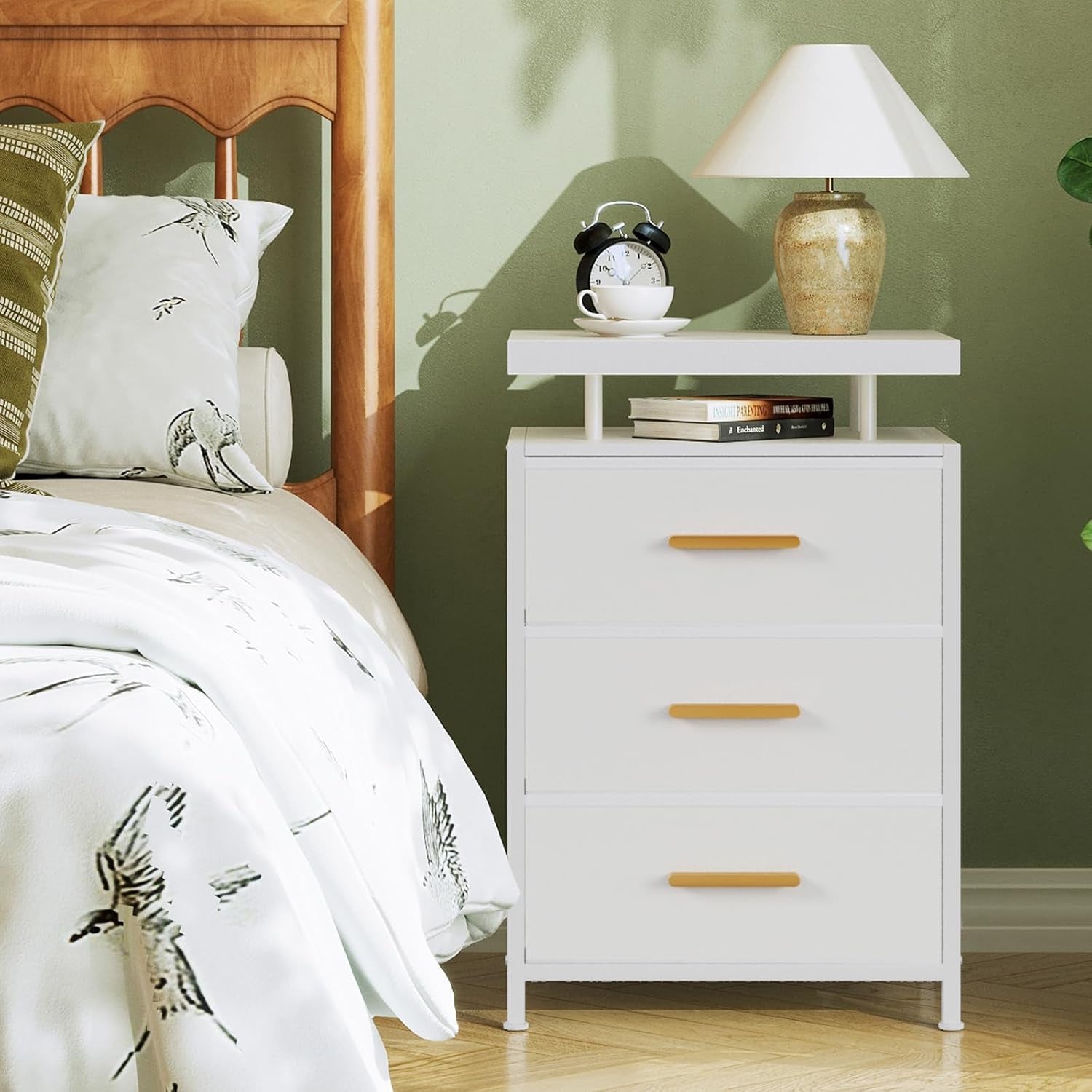 White Night Stand with Drawers, LED Bedside Table with Open Shelf, Nightstand with PU Leather Finish Drawers, Small End Table for Bedroom, Living Room, 23.8''H