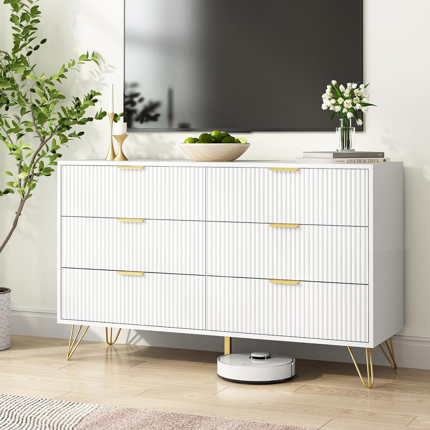 White 6 Drawer Dresser with Golden Handle, Fluted Wood Dressers, Modern Chest for Bedroom, Living Room, Hallway, Entryway