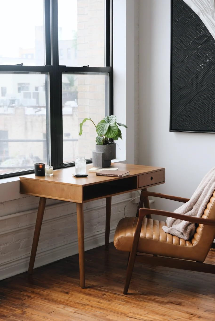 Parker Modern Home Office Writing, Computer or Laptop Desk with Open Storage Cubby and Small Drawer, Walnut