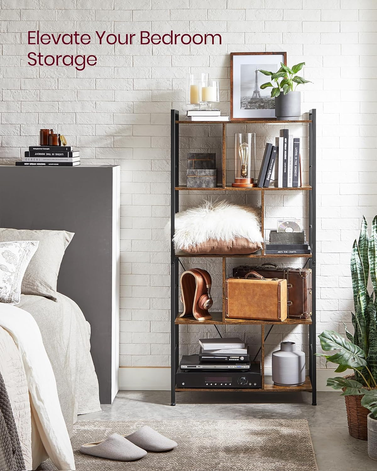 Bookshelf, 5-Tier Bookcase, Storage Shelving Unit, Display Shelf with Open Compartments for Living Room, Home Office, Bedroom, Industrial, Rustic Brown and Black ULBC121B01