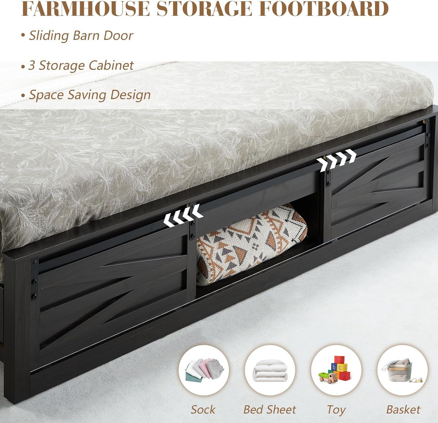 Farmhouse Full Size Bed Frame with Sliding Barn Door Storage, 49" Tall Headboard Wood Bed Frame, Rustic Platform Bed Frame Wooden Slats & Metal Support, No Box Spring Needed, Deep Brown