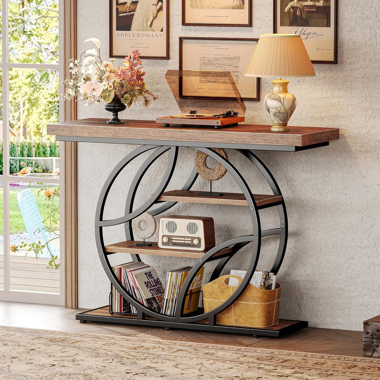 Modern Console Table, 41.3 Inch Sofa Table with Artistic Curved Metal Frame, Narrow Entryway Table for Hallway, Living Room, behind Couch, Rustic Brown