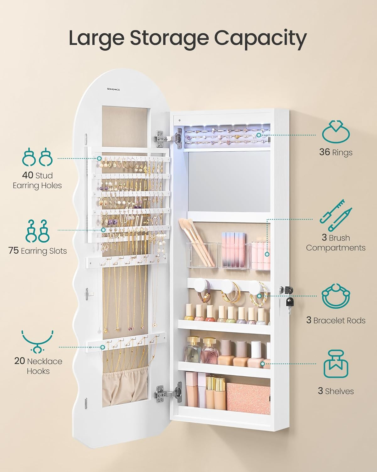 Mirror Jewelry Cabinet Wall Mounted over the Door, Hanging LED Jewelry Organizer, Lockable Wavy Wide Mirror with Storage, Interior Lights, 3.9 X 16.5 X 42.5 Inches, White UJJC031W01