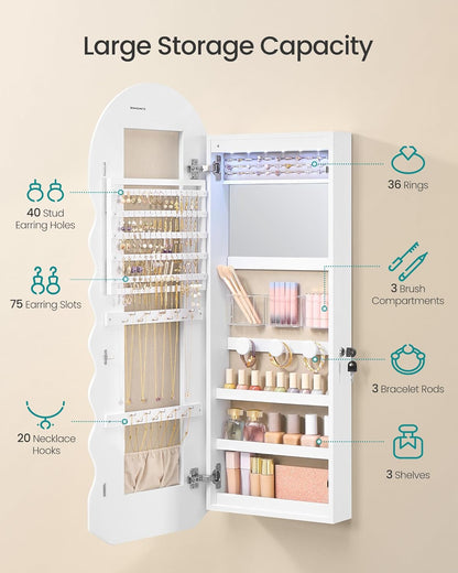 Mirror Jewelry Cabinet Wall Mounted over the Door, Hanging LED Jewelry Organizer, Lockable Wavy Wide Mirror with Storage, Interior Lights, 3.9 X 16.5 X 42.5 Inches, White UJJC031W01