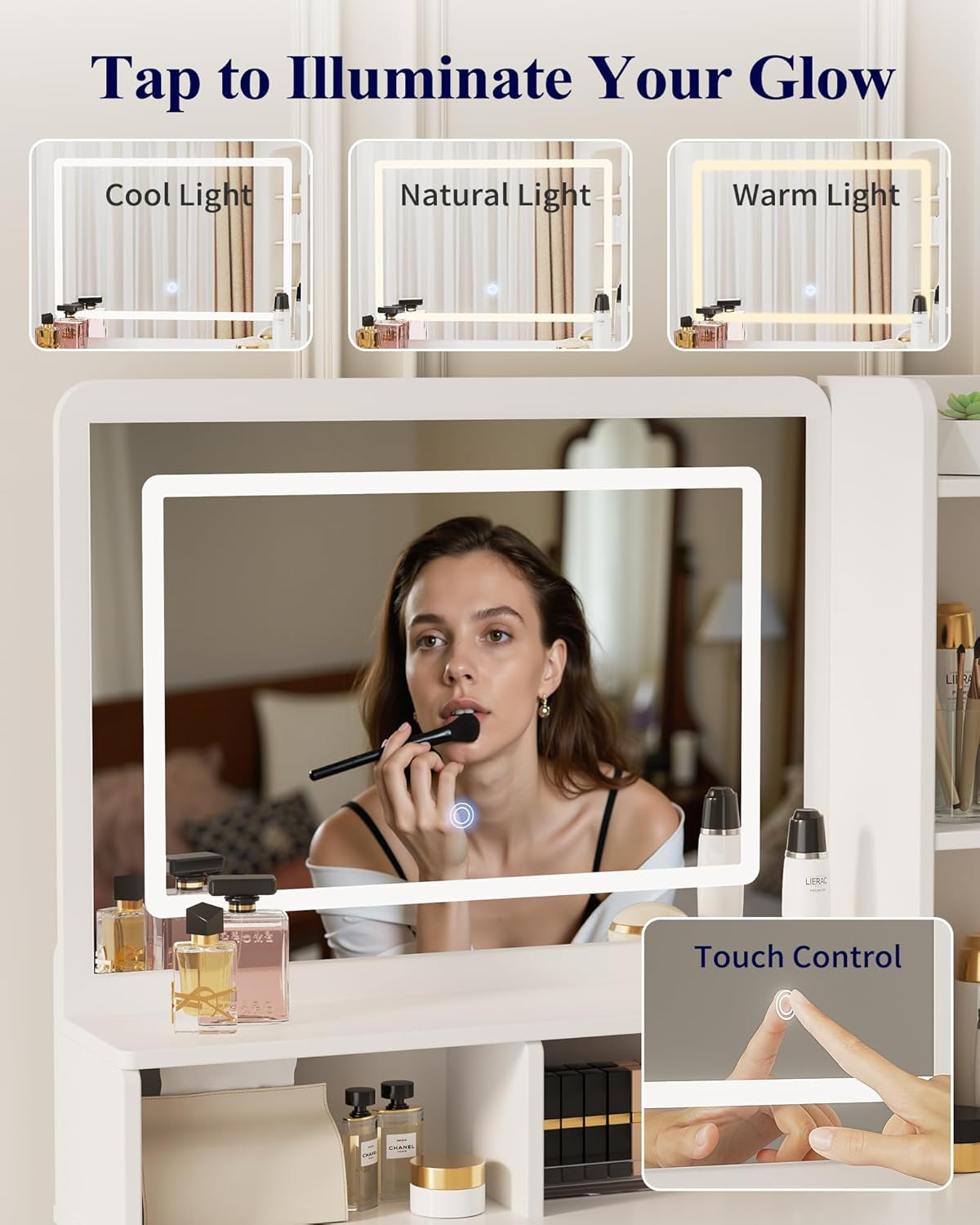 Vanity Desk with Mirror and Lights - Large Capacity Makeup Vanity with 4 Fabric Storage Drawers & 3 Lighting Modes, Vanity Table Set with Sturdy Metal Frame for Bedroom, White, 35" X 17" X 52"