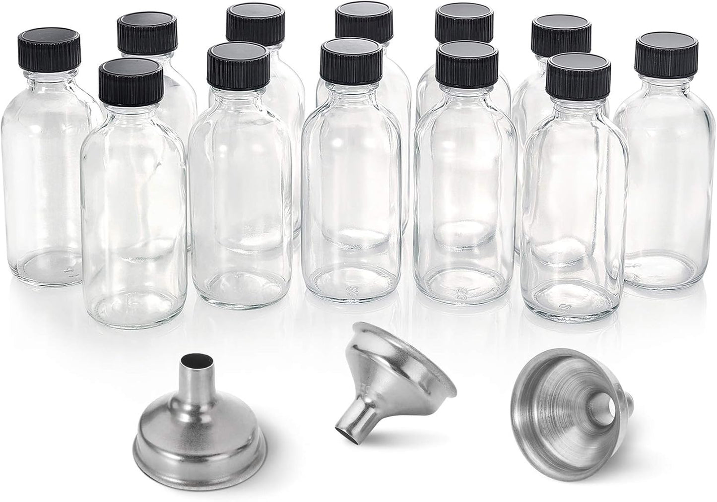 12 Pack, 2 Oz Small Clear Glass Bottles W/Lid & 3 Funnels - 60Ml Boston Shot Bottles for Health, Immunity, Potion, Wellness, Sample, Ginger, Juice - Mini Personal Care & Beauty Travel Bottle