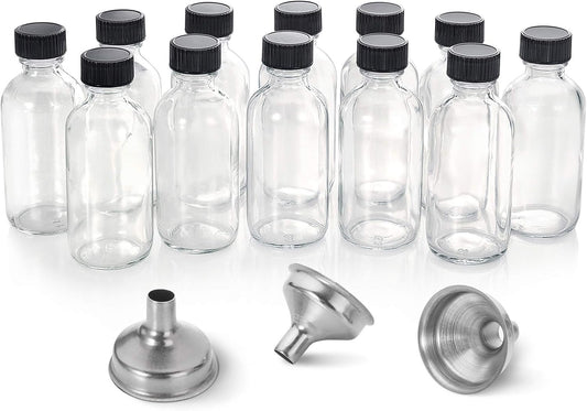 12 Pack, 2 Oz Small Clear Glass Bottles W/Lid & 3 Funnels - 60Ml Boston Shot Bottles for Health, Immunity, Potion, Wellness, Sample, Ginger, Juice - Mini Personal Care & Beauty Travel Bottle