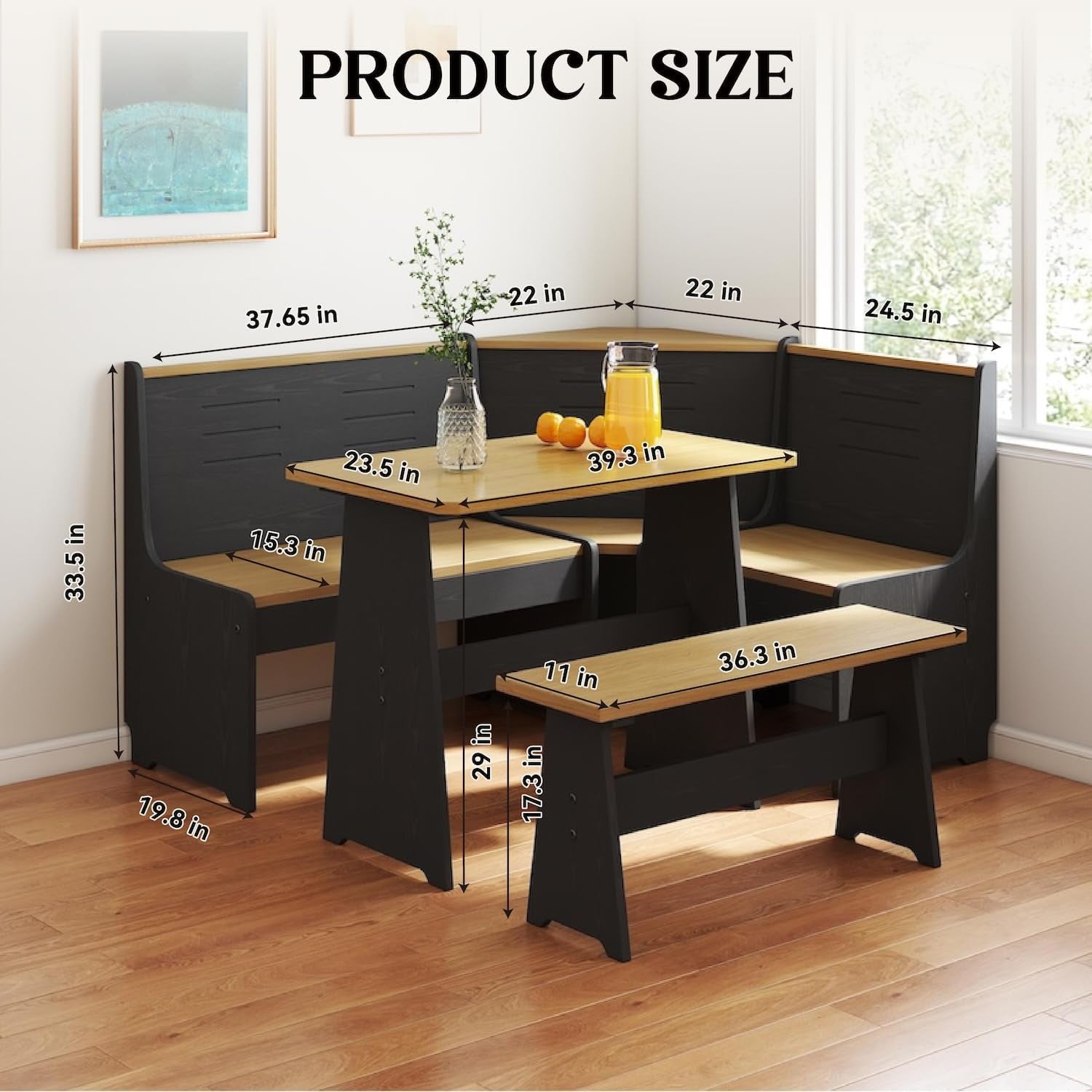 Breakfast Nook Corner Dining Table Kitchen Bench Chair Set, Space-Saving 3-5 People Seat Reversible L-Shape for Family Home Black Wood