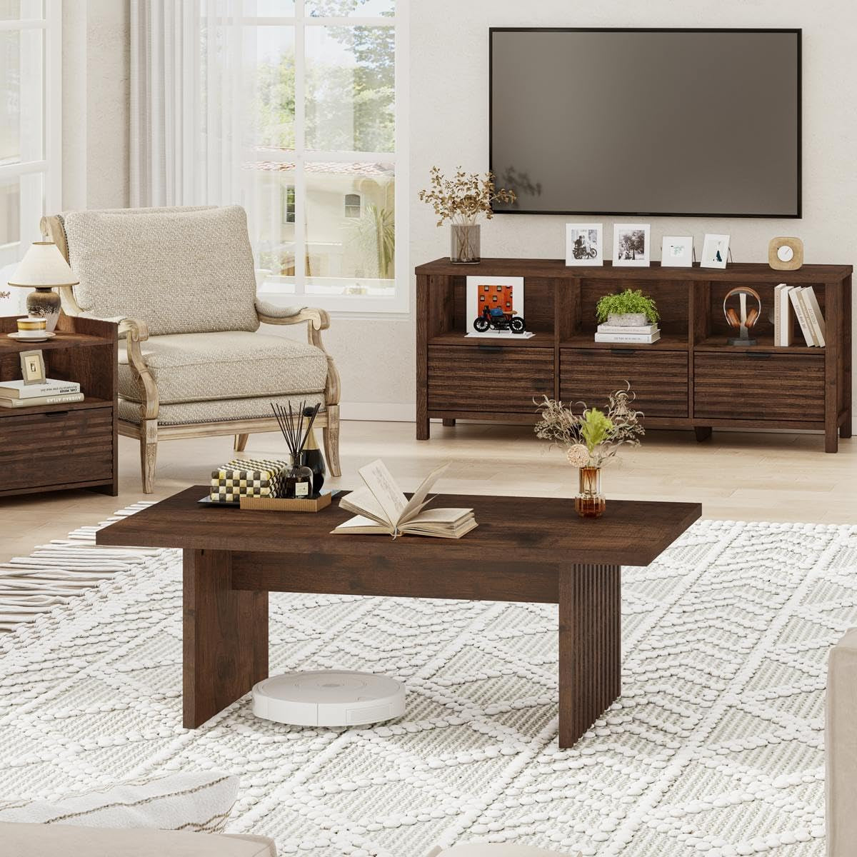 47 Inch Coffee Table, Fluted Side Panels Coffee Tables for Living Room, Large Wooden Tabletop Center Table, Farmhouse Living Room Tables for Lounge, Office, Rustic Oak