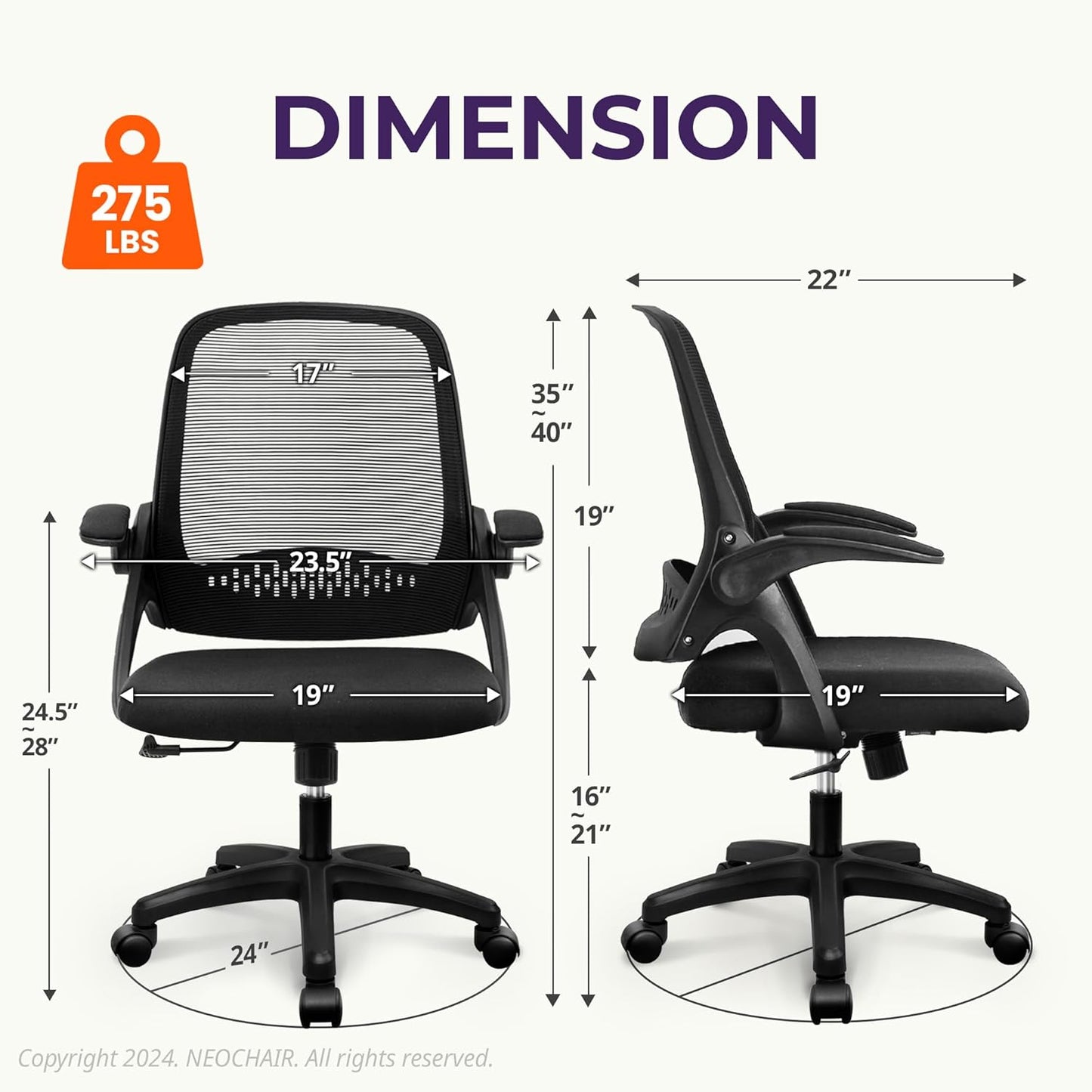 Office Desk Computer Gaming Ergonomic Chair with Lumbar Back Support Adjustable Height Swivel Wheels Flip-Up Arms Mesh Chair for Home or Office (Black)