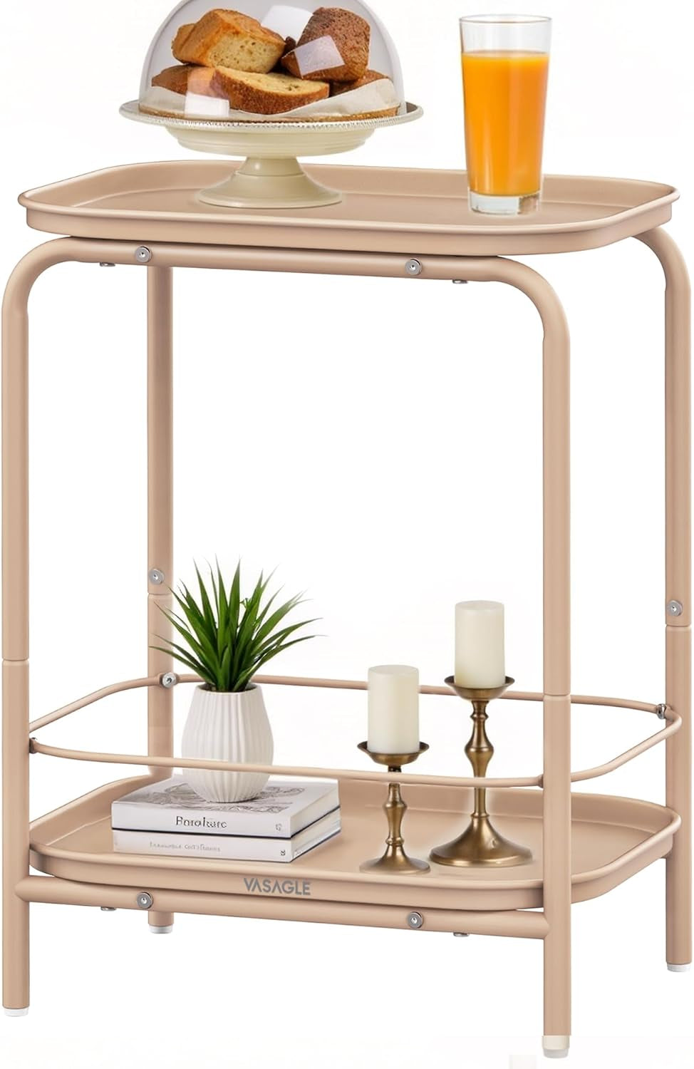 2-Tier Outdoor Table, Small Side End Table with Tray Storage, Bedside Nightstand for Living Room, Bedroom, Modern Style, Cream White ULET243W01