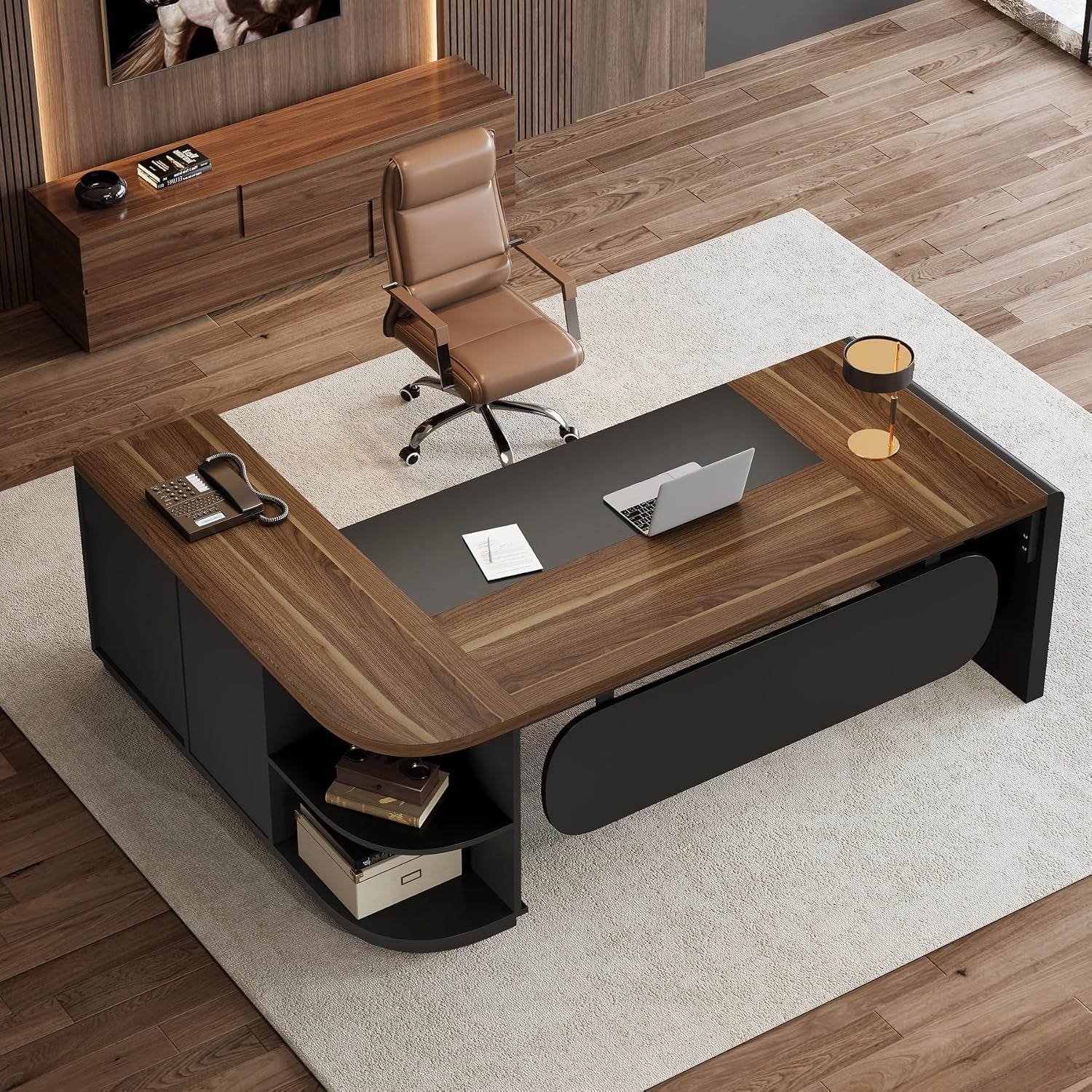 81-Inch L-Shaped Office Desk, Large Commercial Office Desk with Drawers and File Cabinet, Modern Professional Business Furniture Workstations with Storage Shelves, Brown & Black