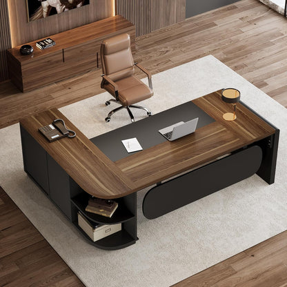 81-Inch L-Shaped Office Desk, Large Commercial Office Desk with Drawers and File Cabinet, Modern Professional Business Furniture Workstations with Storage Shelves, Brown & Black