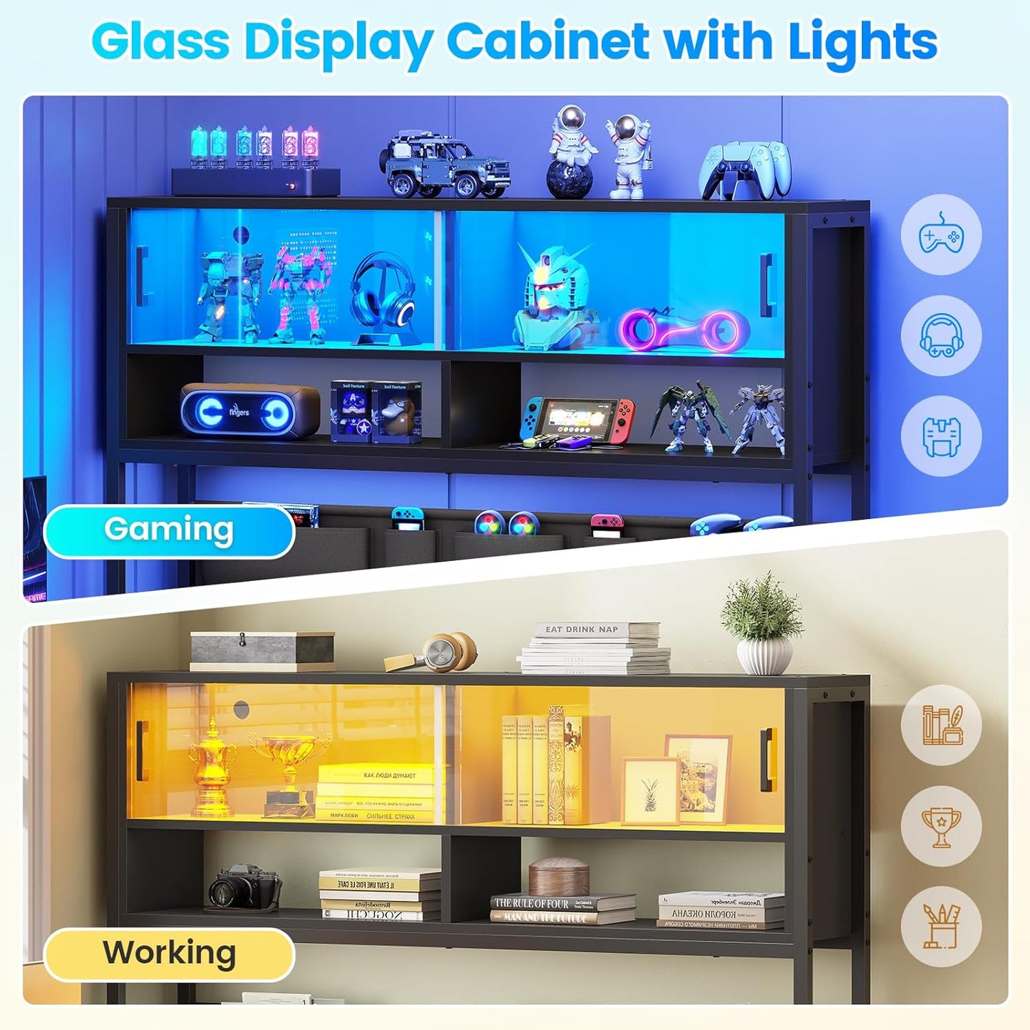 L Shaped Gaming Desk, Home Office Computer Desk with 2 Drawer and Bookshelf, L Shaped Gaming Desk with LED Light, Glass Cabinet and Storage Bag, Corner Desk with Storage Shelves, Black