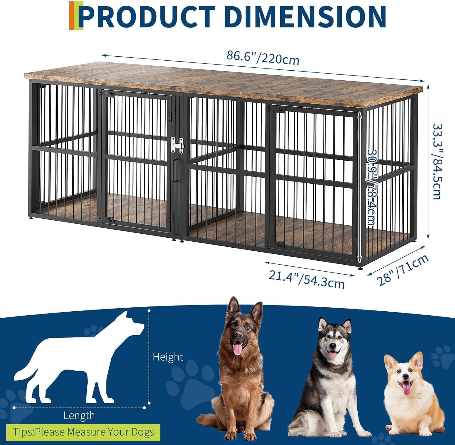 87 Inch Extra Large Double Dog Crate Furniture with Divider, Heavy Duty Kennel with 3 Lockable Doors, Wooden Indoor Pet House TV Stand for 2 Small Medium Large Dogs, Black