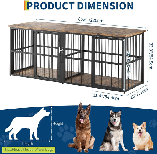 87 Inch Extra Large Double Dog Crate Furniture with Divider, Heavy Duty Kennel with 3 Lockable Doors, Wooden Indoor Pet House TV Stand for 2 Small Medium Large Dogs, Black