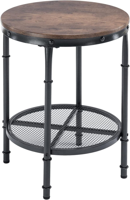 20" Side Table, round End Tables Living Room, Industrial Small End Table with Metal Mesh, Rustic Farmhouse Side Tables for Bedroom, Office, Corner, Walnut