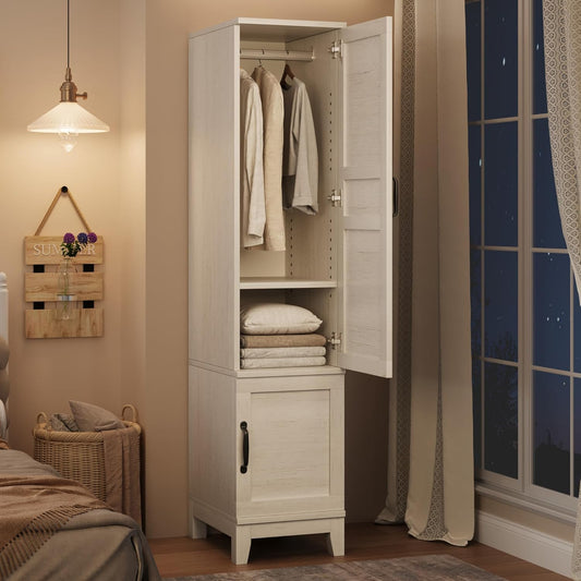 Armoire Wardrobe Closet with 2 Doors,72" Wooden Wardrobe Cabinet with Hanging Rod, Narrow Tall Clothing Armoire Cabinet with 18 Adjustable Shelves for Bedroom, Clothes, Rustic White