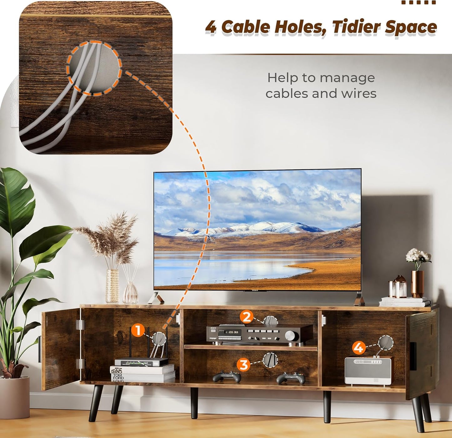 TV Stand for 55 Inch TV, Entertainment Center with Adjustable Shelf, 2 Cabinets, TV Console Table, Media Console, Solid Wood Feet, Cord Holes, for Living Room, Bedroom, Rustic Brown