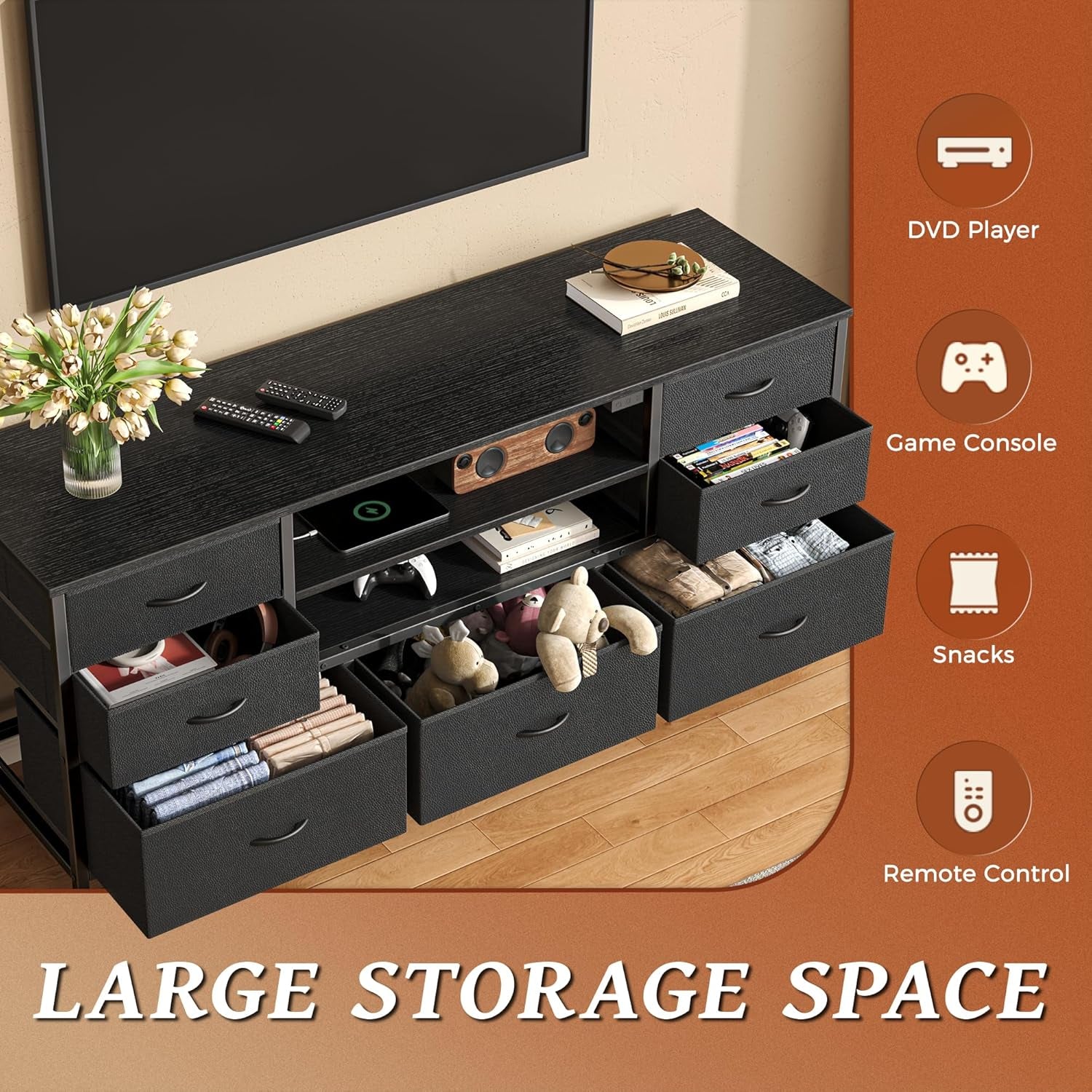 TV Stand Dresser with Power Outlets and LED Lights, 7 Drawer Console for 55 Inch TV, Black PU Leather Bedroom Dresser