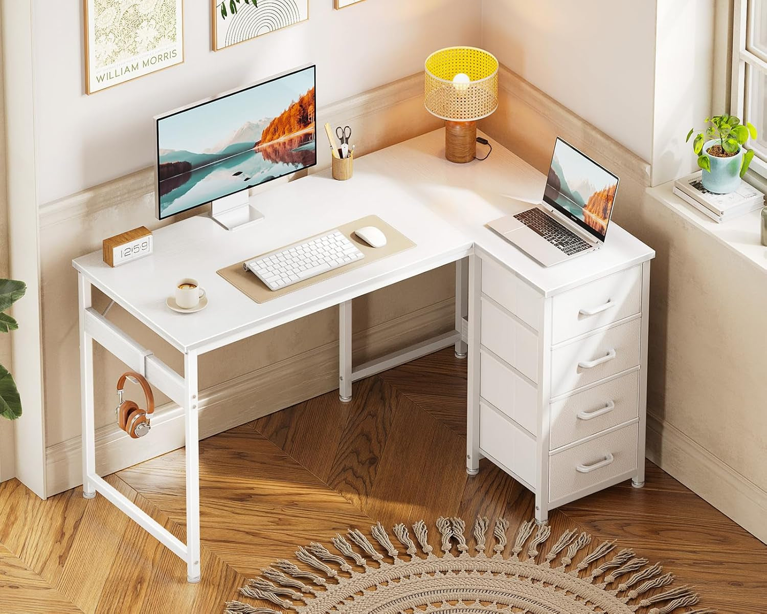 L Shaped Desk with 4 Drawers, 40" Small White Computer Desk with Storage, Reversible Kids Study Desk with Hook, Corner Desk for Home Office