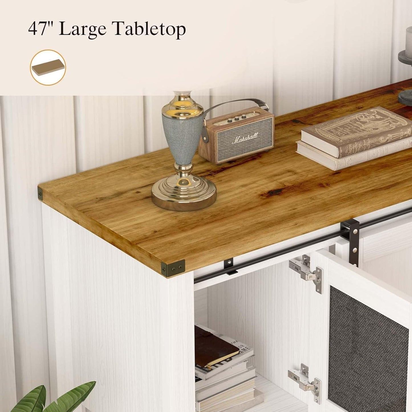 Farmhouse Coffee Bar Cabinet with Storage, 47'' Coffee Bar Table with Sliding Barn Door, White Coffee Buffet Cabinet with Metal Mesh Doors, Console Table with Bottom Open Shelf, Living Room