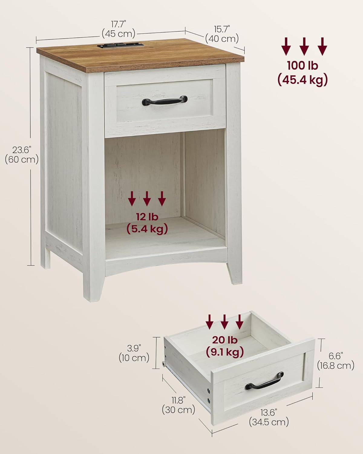 LIRY Collection - Farmhouse Nightstands with Charging Station, Set of 2 Bedside Tables, Side Tables with Drawer, Open Compartment, for Bedroom, Rustic White and Honey Brown ULET859K41