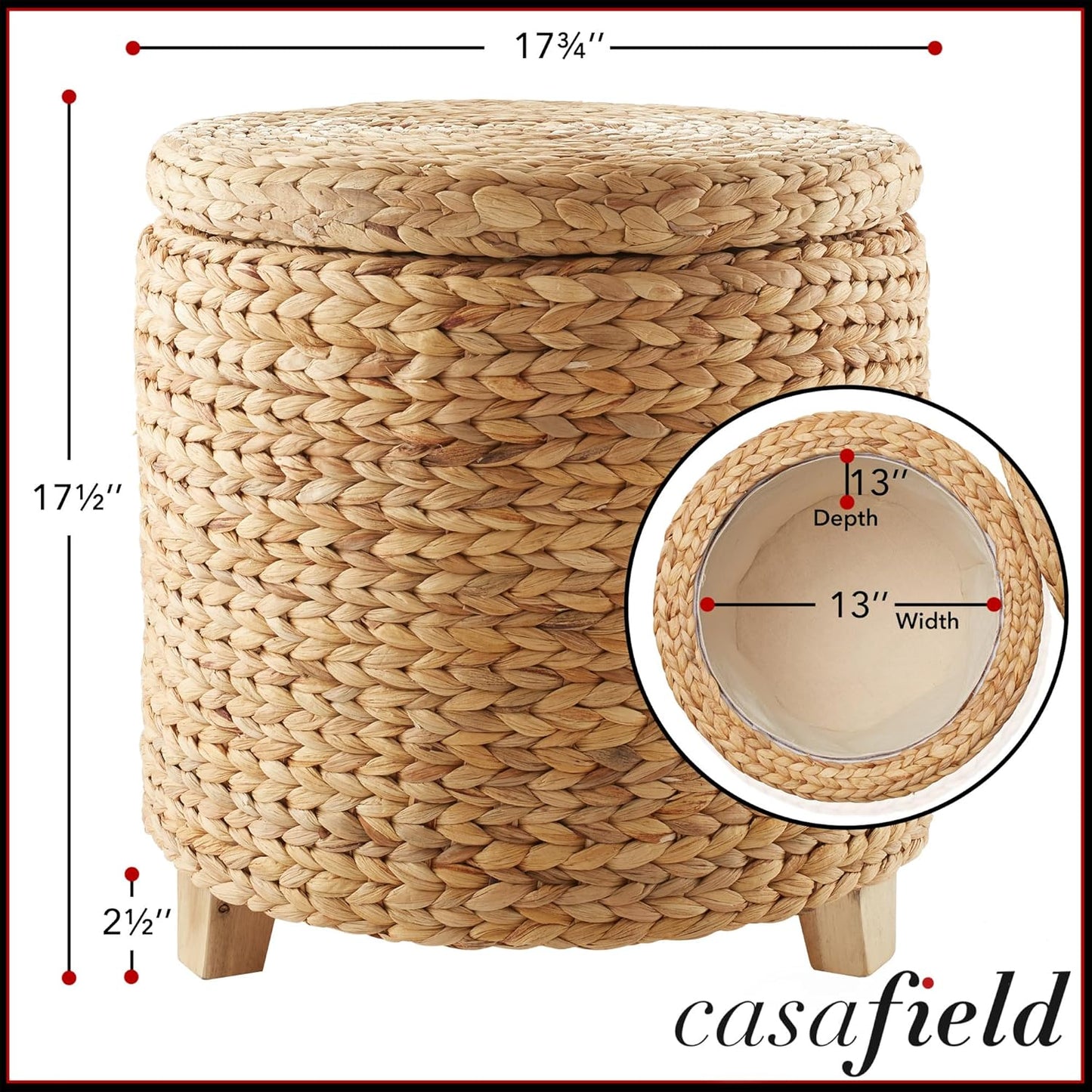 17" round Storage Ottoman with Lid - Natural, Handwoven Water Hyacinth Footstool for Living Room, Bedroom, Bathroom, Home Office