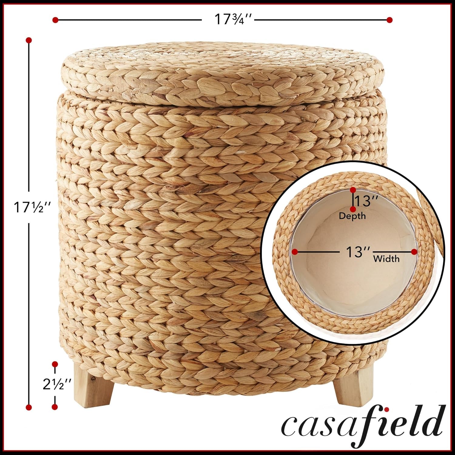 17" round Storage Ottoman with Lid - Natural, Handwoven Water Hyacinth Footstool for Living Room, Bedroom, Bathroom, Home Office
