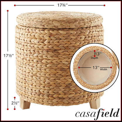 17" round Storage Ottoman with Lid - Natural, Handwoven Water Hyacinth Footstool for Living Room, Bedroom, Bathroom, Home Office