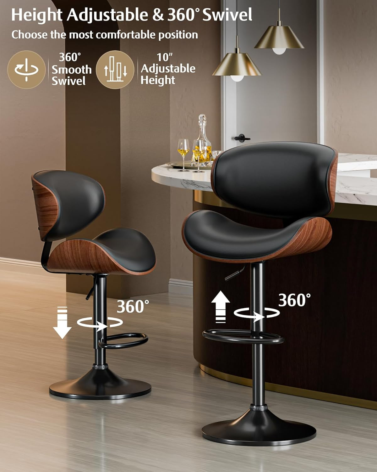 Bar Stools Set of 2, Adjustable Swivel Leather Bar Stools for Kitchen Island, Mid Century Modern Counter Height Bar Chairs Barstools with Back & Footrest (Black)