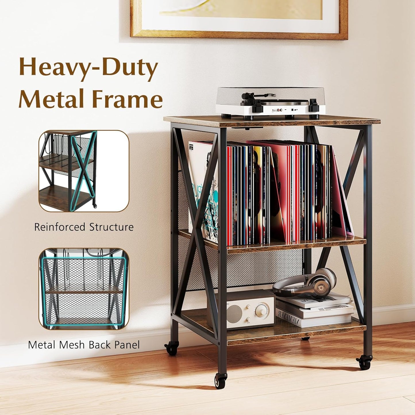 Record Player Stand with Charging Station, Turntable Stand with Adjustable Shelf, 4 Rolling Wheels, 3-Tier End Table Vinyl Record Storage Table for Living Room, Bedroom, Rustic Brown