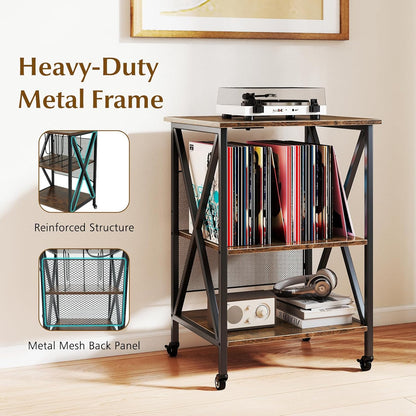 Record Player Stand with Charging Station, Turntable Stand with Adjustable Shelf, 4 Rolling Wheels, 3-Tier End Table Vinyl Record Storage Table for Living Room, Bedroom, Rustic Brown